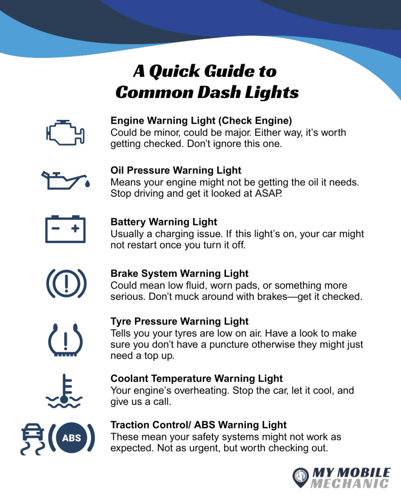 A quick guide to common car dash lights infographic -  My Mobile Mechanic Sunshine Coast